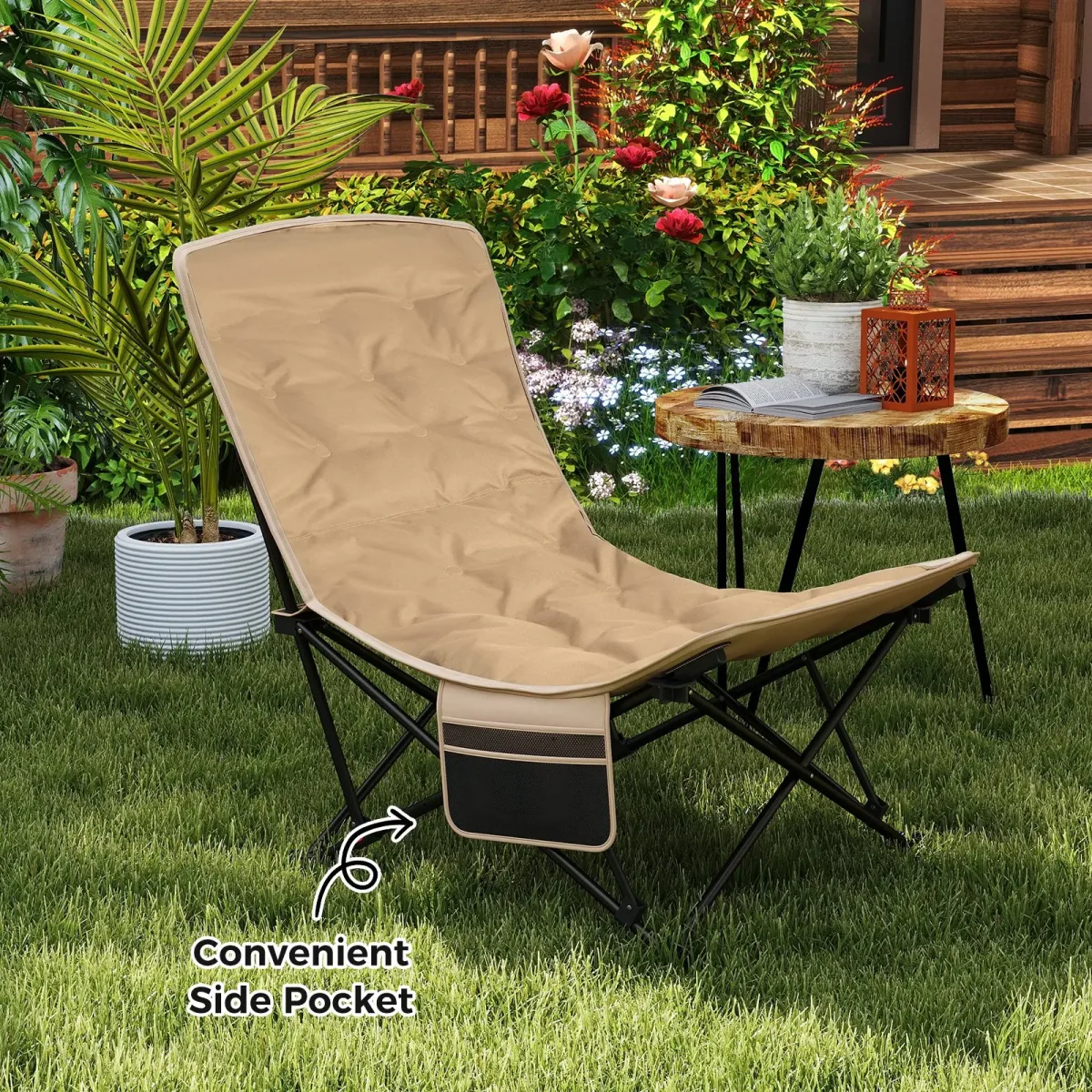 Chaise de camping pliante kaki à dossier réglable