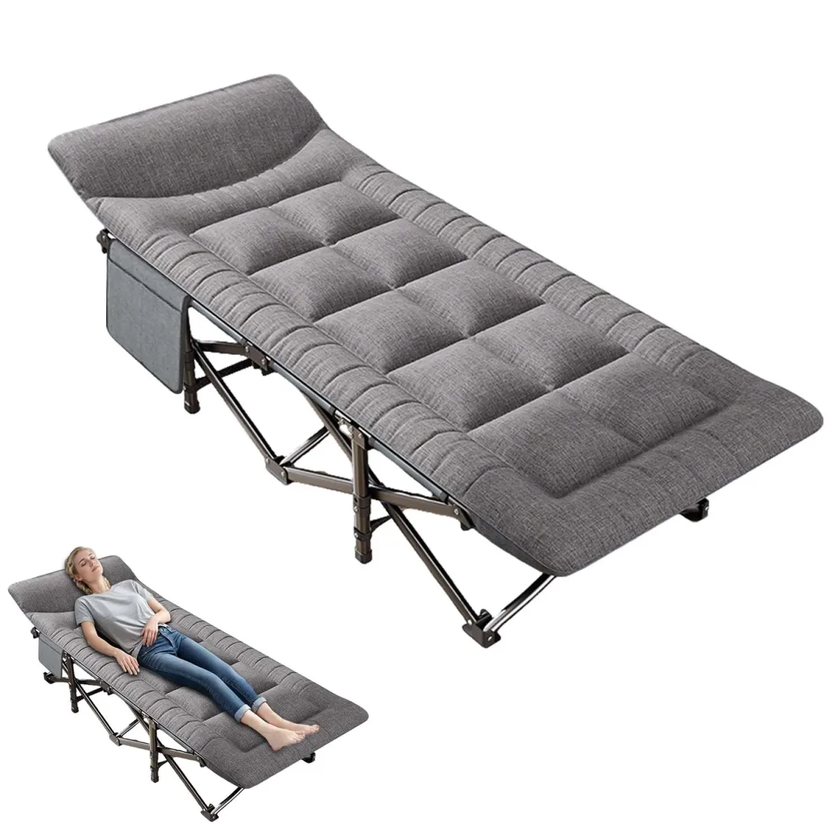 Chaise longue pliante grise avec oreiller intégré