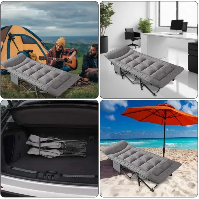 Chaise longue pliante grise avec oreiller intégré – image 3