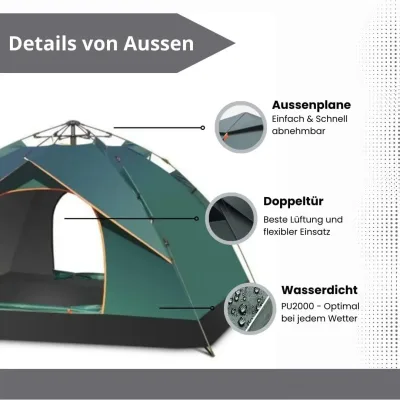 Tente de camping pop up verte, 3 à 4 personnes – image 2
